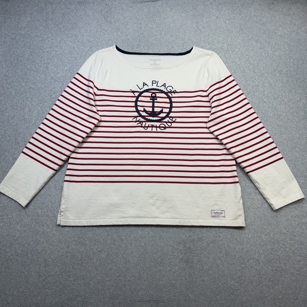 Talbots Authentic Tee Shirt Womens Petite XL Red Stripe Boat Neck Nautical Top